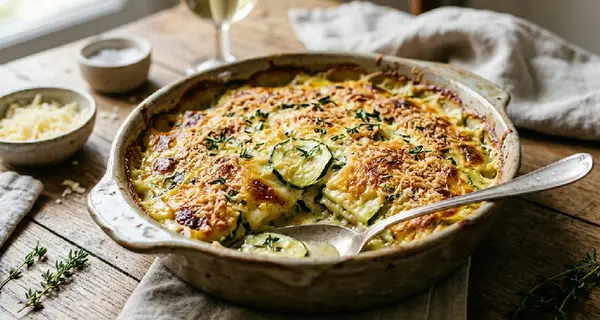 Un gratin de courgettes au comté dans un plat en céramique